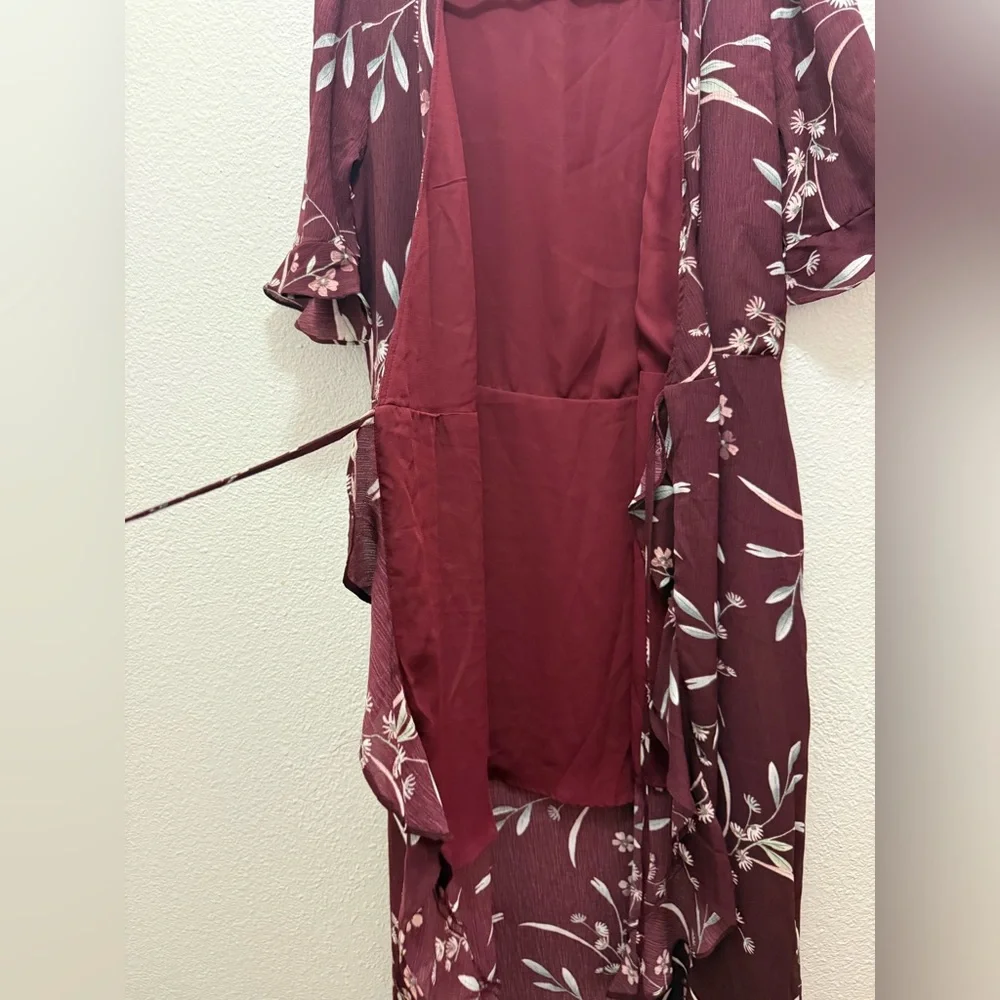 Lulus Wild Winds Burgundy Floral Print High-Low Wrap Dress - Picture 8 of 10